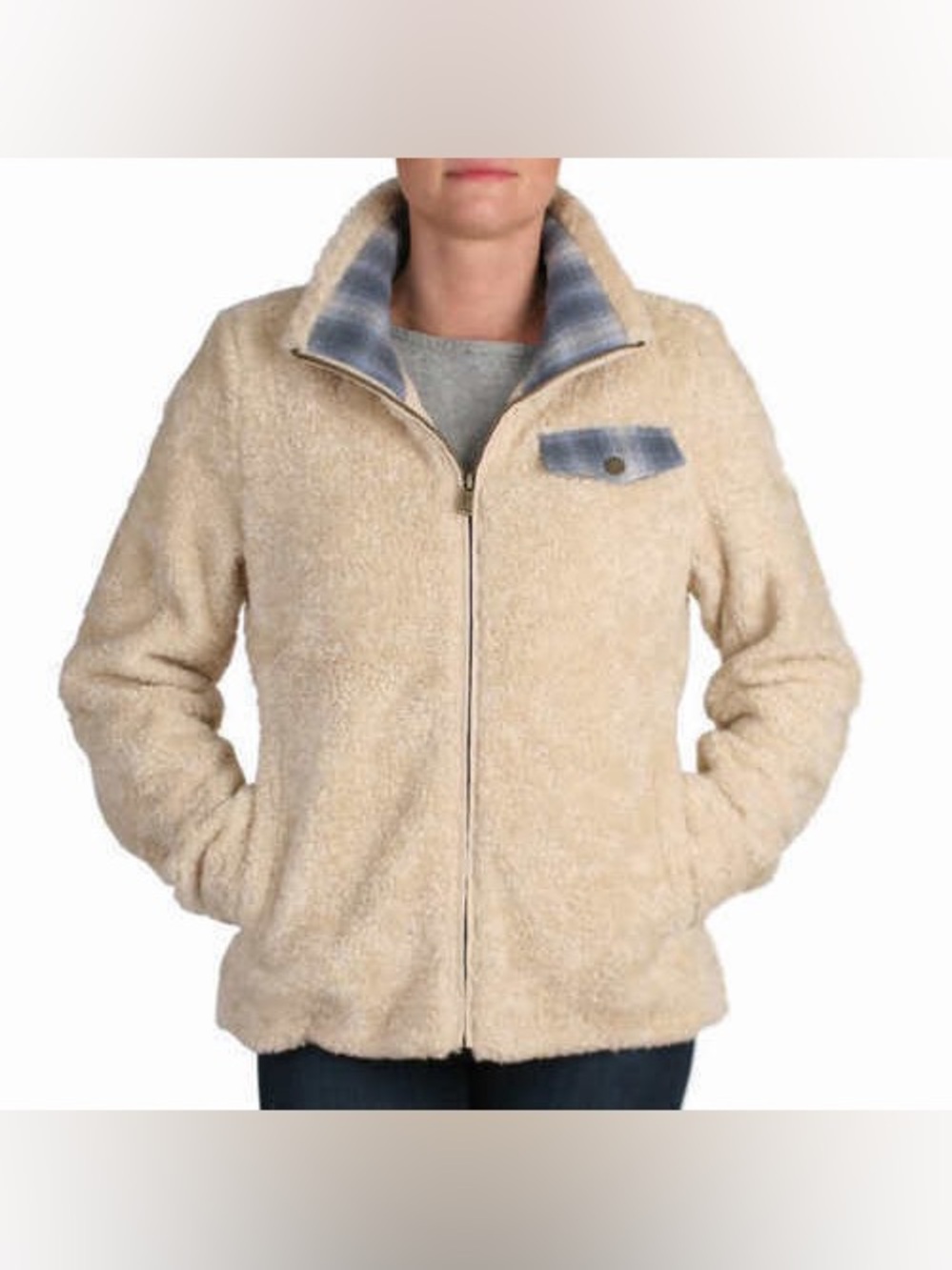Pendleton Sherpa Fleece Jacket Wool Plaid Trim Western Cozy Small - Picture 2 of 6